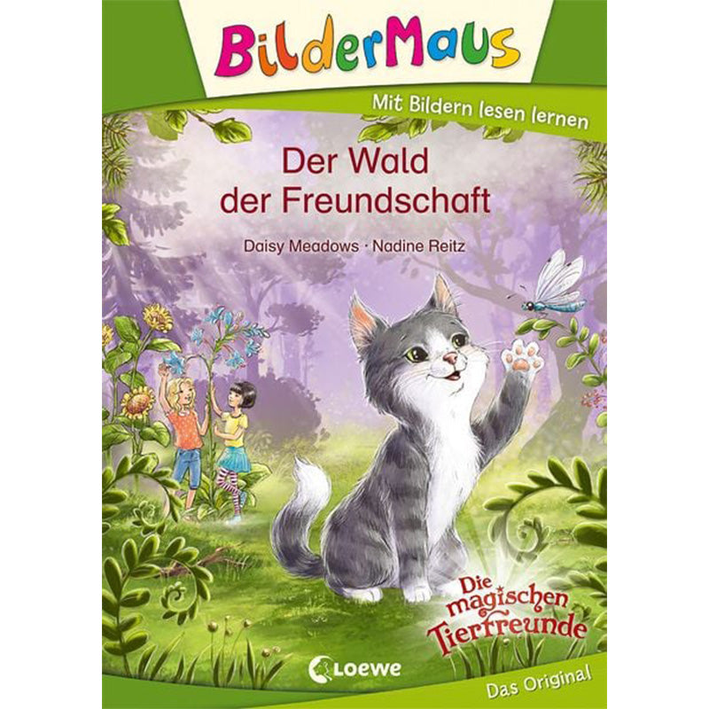 Buchcover „Der Wald der Freundschaft“ mit lachender Katze und zwei Kindern im Wald.