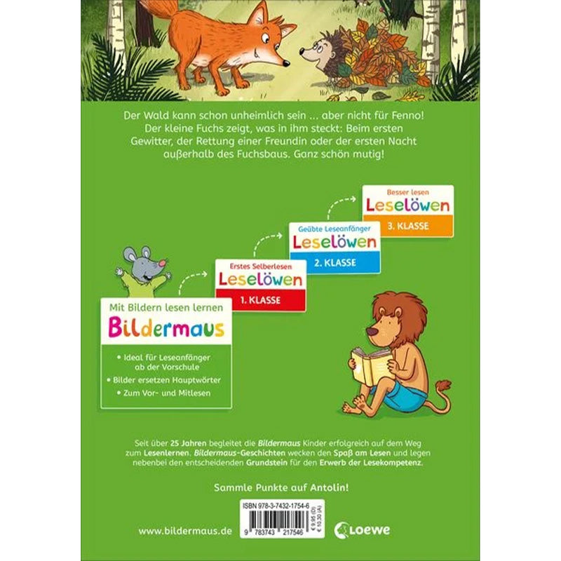 uchrückseite – Beschreibung des Buches mit Fuchs und Igel im Wald, Infos zur Bildermaus-Reihe.
