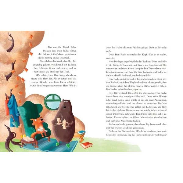 Innenseite mit Text und lustiger Illustration. Buch "Buntes Laub und Plätzchenduft"