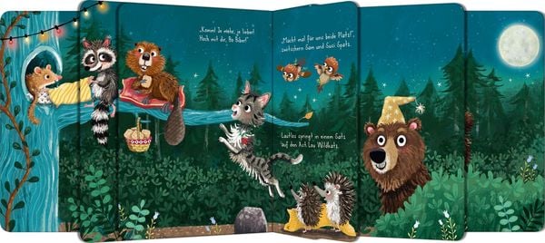 Innenseite Pappbilderbuch der ganze Wald schnarcht schon bald mit Biber, Waschbär, Bär und Igel