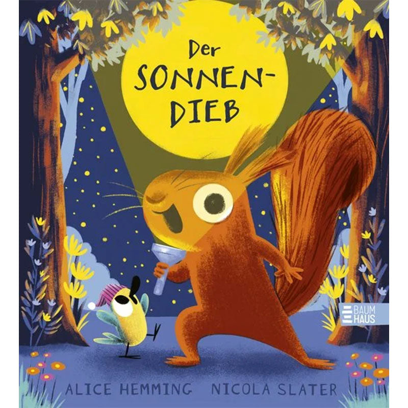 Buchcover – Ein Eichhörnchen mit Lupe steht vor einer großen Sonne, neben ihm ein kleiner Vogel im Wald.