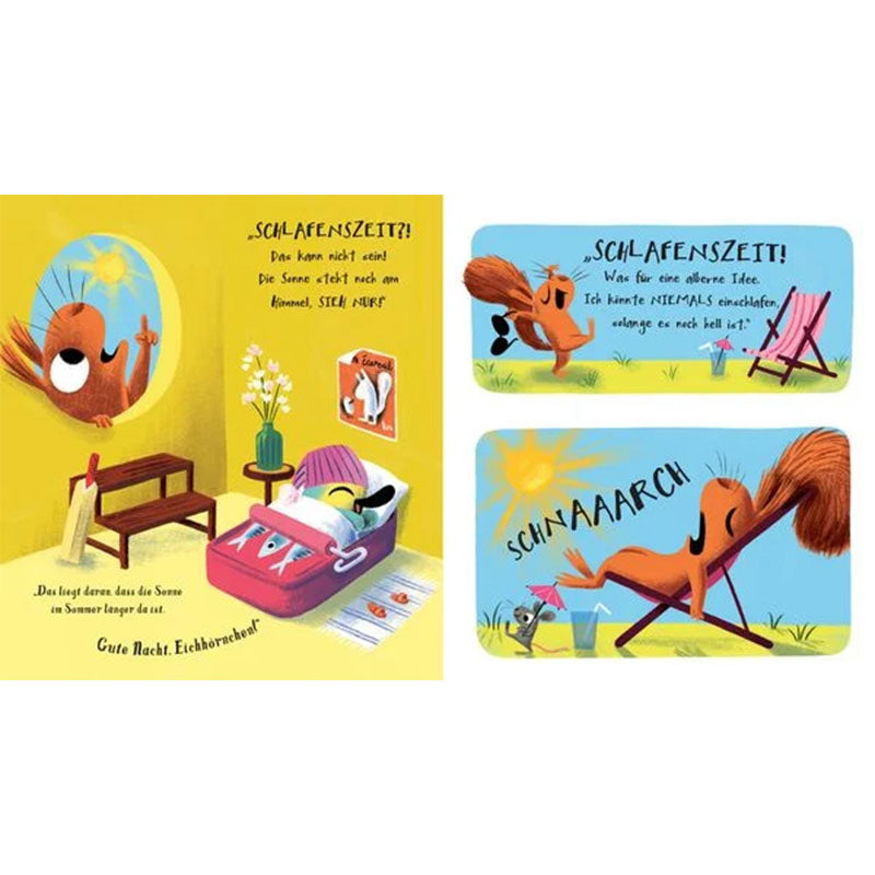 Buchseite – Drei Szenen: Vogel im Bett, Eichhörnchen im Liegestuhl und schlafendes Eichhörnchen in der Sonne.