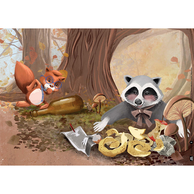 Illustration – Egon Eichhorn entdeckt zusammen mit einem Waschbären Müll und Pilze im Wald.