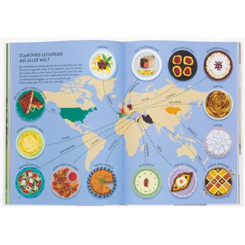 Buchseite – Weltkarte mit internationalen Gerichten aus Schafskäse.