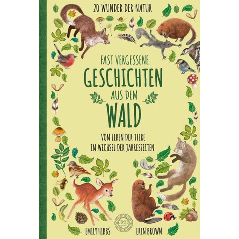 Buchcover des Naturbuchs Fast vergessene Geschichten aus dem Wald mit gelbem Hintergrund, grünem Buchrücken, vielen detailreichen Illustrationen von Waldtieren wie Fuchs, Reh, Dachs, Eichhörnchen und Vögeln, eingerahmt von Blättern, Pilzen und Waldpflanzen