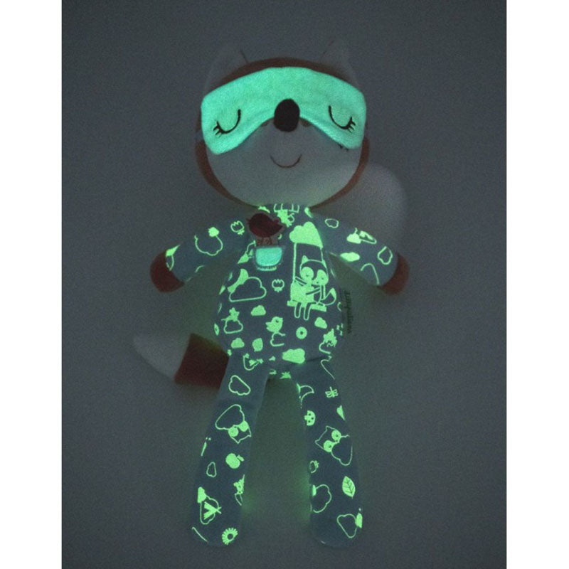 Leuchtendes Kuscheltier-Fuchs mit Schlafmaske und im Dunkeln fluoreszierendem Pyjama.