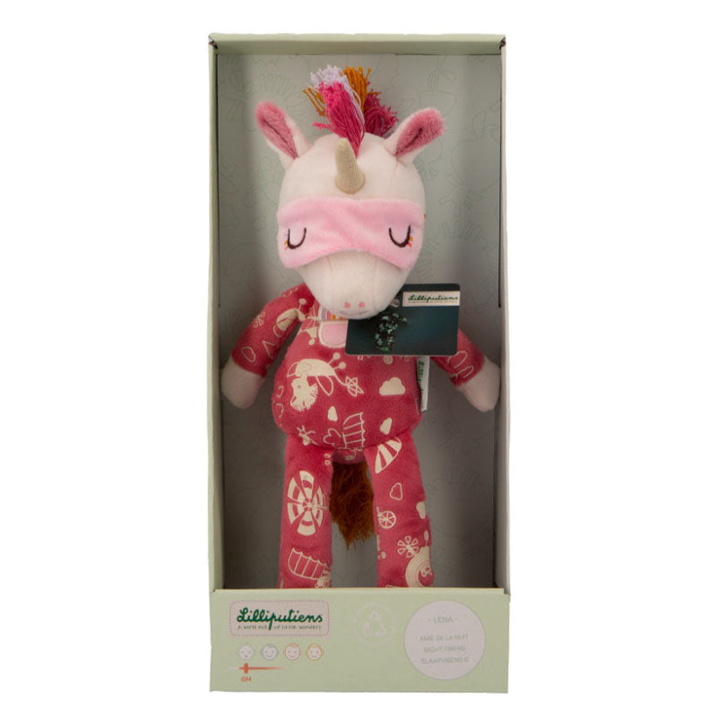 Plüsch-Einhorn mit Schlafmaske in Geschenkverpackung, frontal sichtbar.
