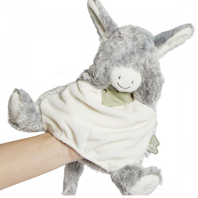 Graues Esel-Schmusetuch als Handpuppe auf einer Hand