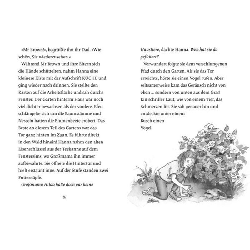 Buchseite – Illustration von Hanna, die im Garten einen verletzten Vogel entdeckt, dazu fortlaufender Text.