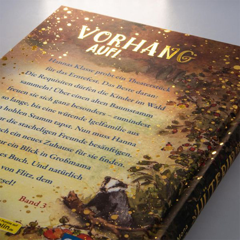 Nahaufnahme – Rückseite des Buches mit goldenem Glanzdruck „Vorhang auf!“.