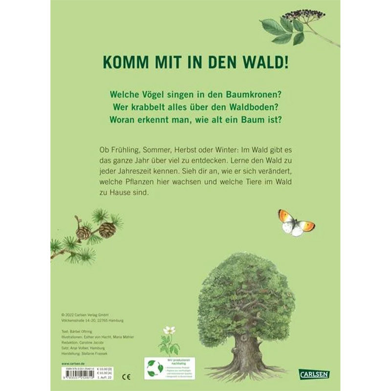 Buchrückseite „Im Wald“ mit Beschreibung des Inhalts und Naturillustrationen auf grünem Hintergrund.