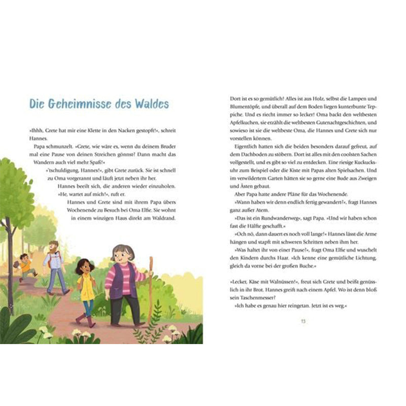 Buchseite – Kapitelbeginn „Die Geheimnisse des Waldes“, Textseite mit Illustration von Kindern beim Spaziergang im Wald.