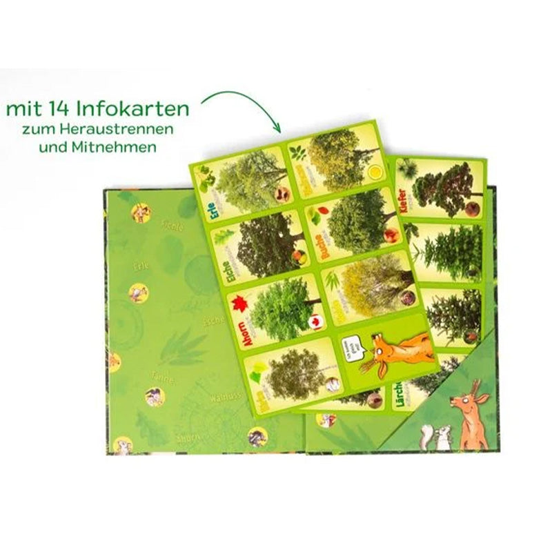 Buchseite mit Infokarten zum Heraus trennen, Baumartenkarten liegen in einer Tasche im Buch.
