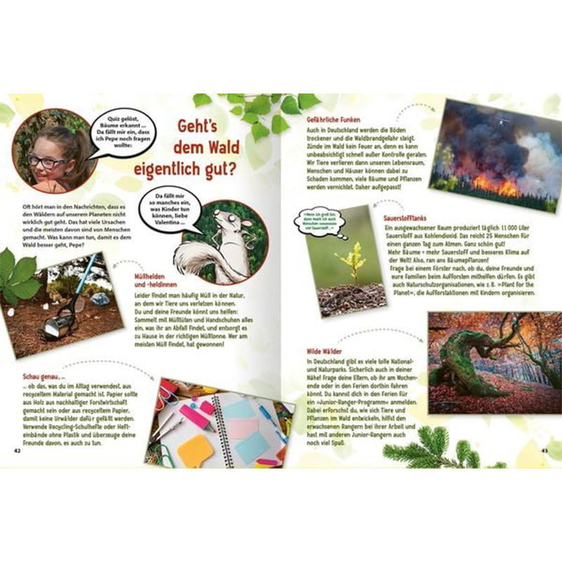 Buchseite „Geht’s dem Wald eigentlich gut?“ mit Text, Fotos und Infos zu Waldschutz.