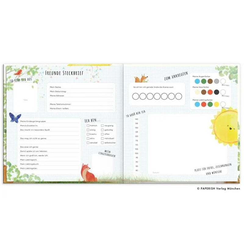 Doppelseite des Freundebuchs mit Steckbrieffeldern für Kindergartenfreunde, dekoriert mit kleinen Waldbildern und Tieren.