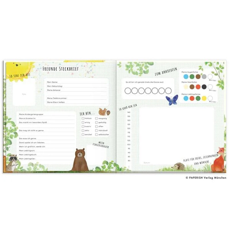 Doppelseite des Freundebuchs mit Steckbrieffeldern und Illustrationen von Waldtieren.