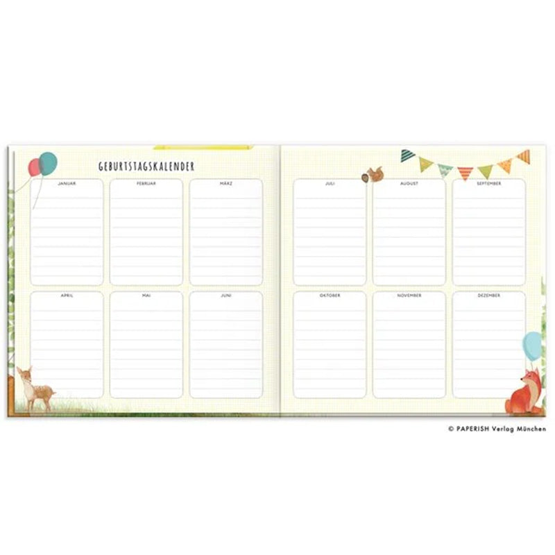 Doppelseite des Freundebuchs mit Geburtstagskalender für Eintragungen nach Monaten.