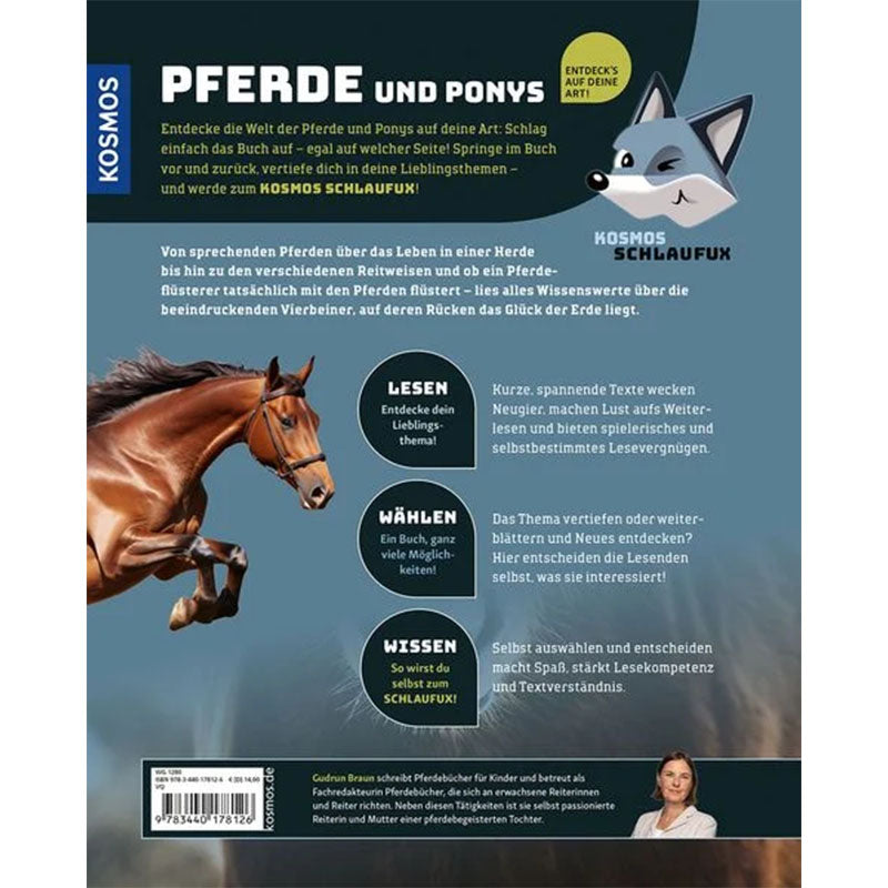 Rückseite des Buchs Pferde und Ponys mit galoppierendem Pferd, Infotext und Kosmos-Schlaufux-Grafik.