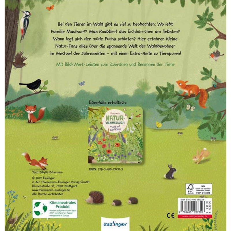 Rückseite des Buchs mit einer Beschreibung über den Inhalt und Tiere im Wald, illustriert mit Waldtieren wie Fuchs, Eichhörnchen, Igel und Vögeln.