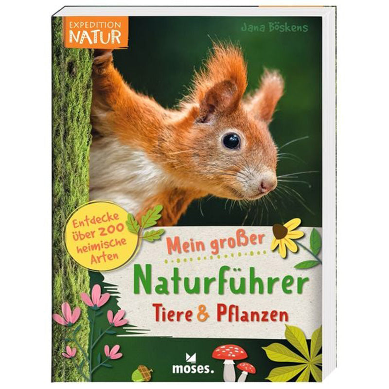 Buchcover „Mein großer Naturführer – Tiere & Pflanzen“ von Jana Bösken (moses. Verlag, Expedition Natur). Ein Eichhörnchen schaut neugierig hinter einem Baum hervor; Hinweis „Entdecke über 200 heimische Arten“.