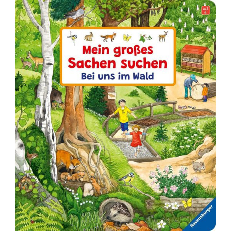 Buchcover – Buchtitel „Mein großes Sachen suchen – Bei uns im Wald“ mit Waldszene, Kindern und Tieren.