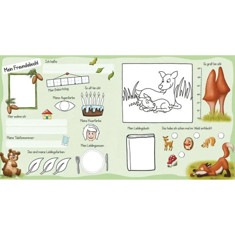 Doppelseite mit Ausfüllfeldern für Name, Geburtstag, Augenfarbe, Haarfarbe, Lieblingsessen und Lieblingsbuch, dazu Ausmalbild mit Reh und Tierillustrationen.