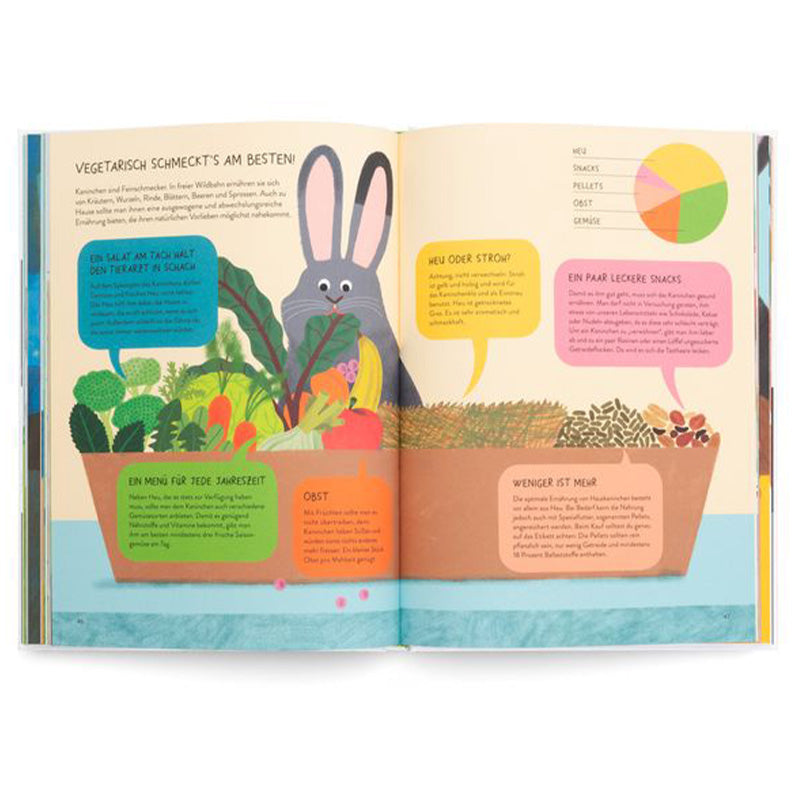 Buchseite – bunte Illustration zu Ernährung von Kaninchen mit Gemüse, Obst und Heu.
