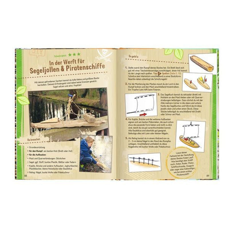 Buchseite – Bastelanleitung „Segeljollen & Piratenschiffe“ mit Fotos, Illustrationen und Arbeitsschritten.
