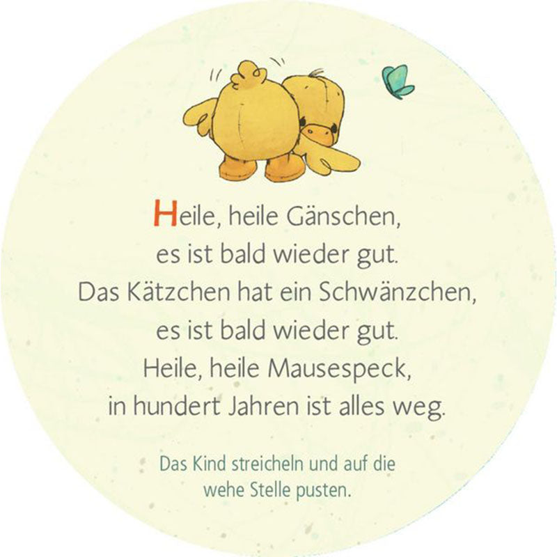 Kartenrückseite – Reimkarte mit Küken und Text „Heile, heile Gänschen“
