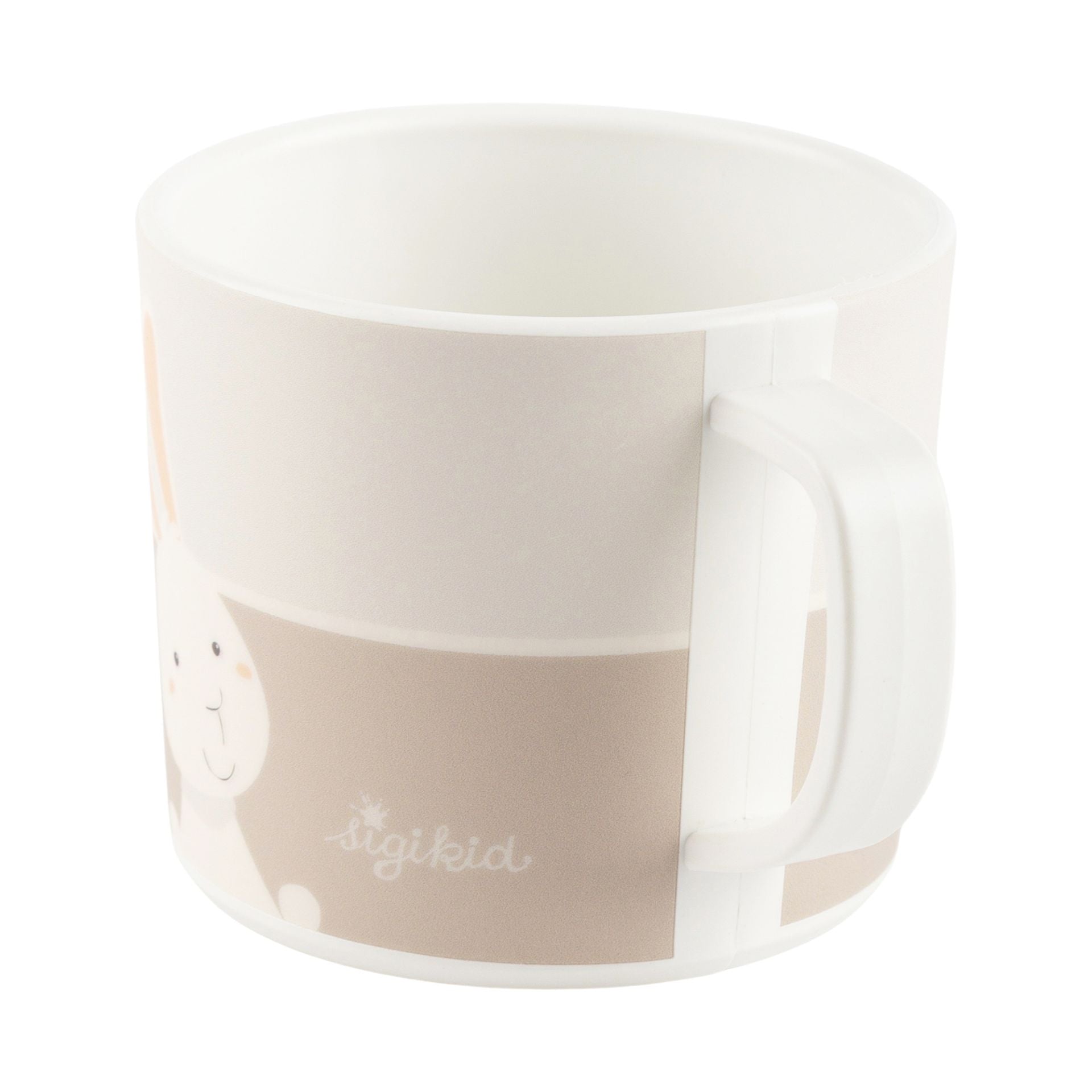 Rückansicht einer beigen Kindertasse mit süßem Hasen