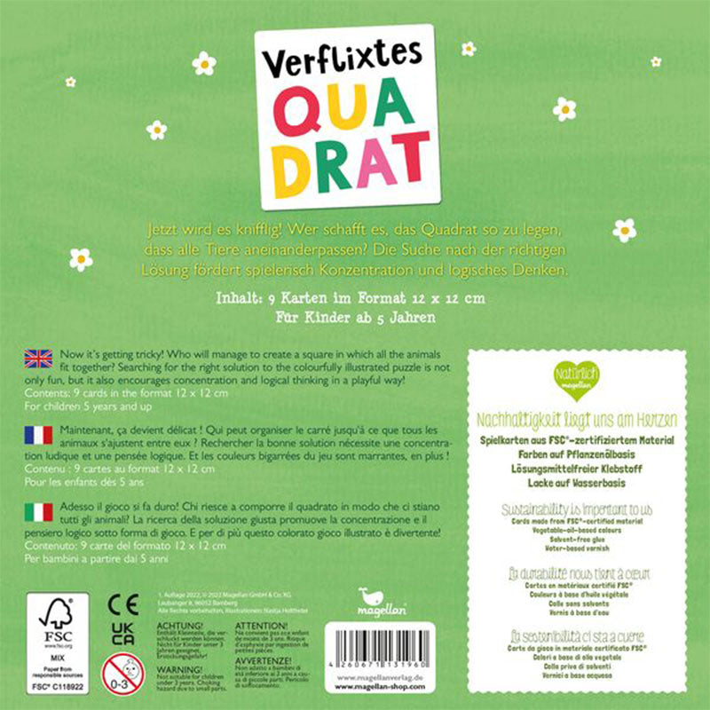 Rückseite des Spiels Verflixtes Quadrat mit Infos zu Inhalt, Nachhaltigkeit und Sprachen.