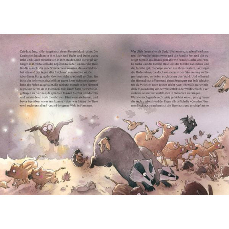 Buchseite – Innenseite mit Illustration von fliehenden Waldtieren vor einem Feuer und Text.