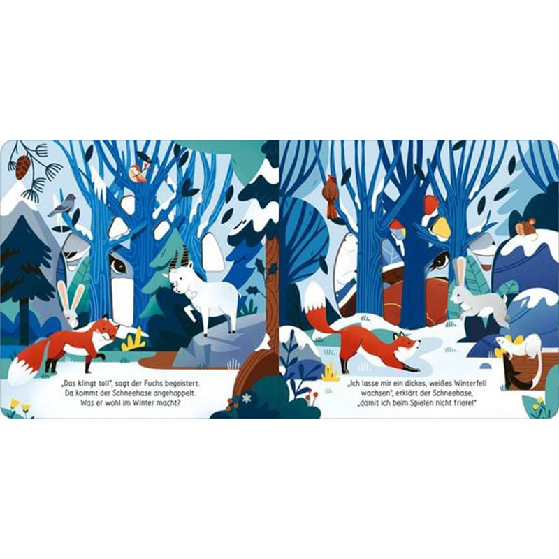 Buchseiten – Der kleine Fuchs trifft den Schneehase, der erklärt, wie er sich ein dickes Winterfell wachsen lässt.