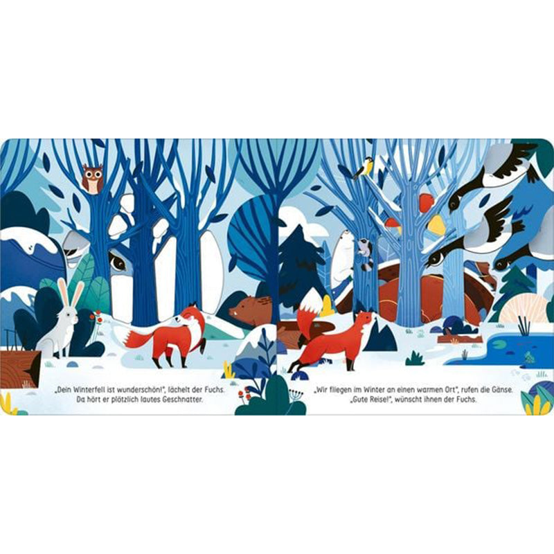 Buchseiten – Bunte Winterwald-Szene mit Fuchs, Schneehase, Vögeln und Gänsen, die in warme Länder fliegen. Spielerisches Naturwissen über Tierverhalten im Winter.