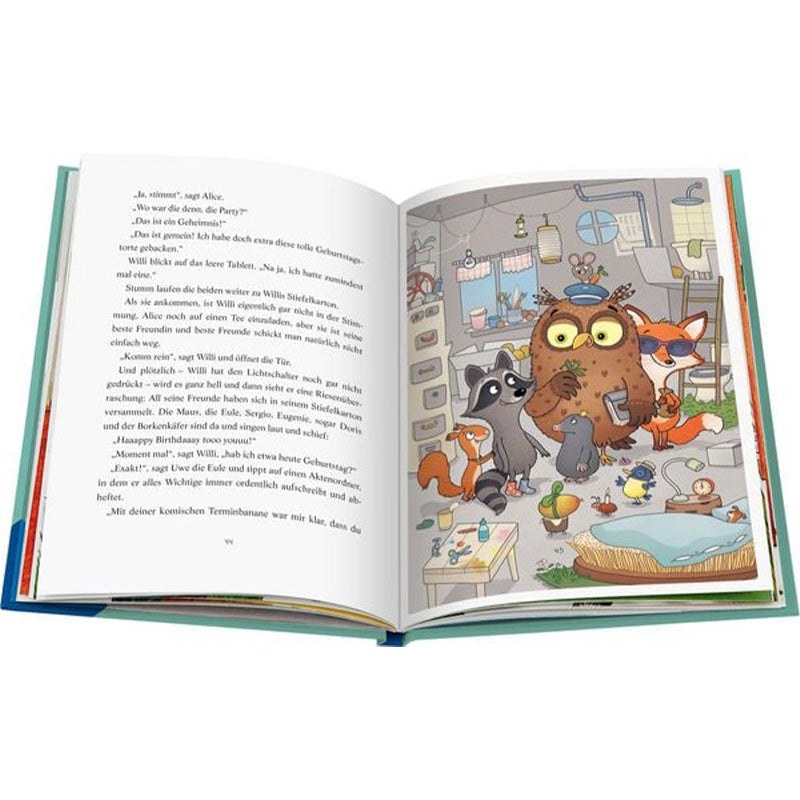 Buchseite Innenseite mit Illustration von Waschbär, Eule und weiteren Tieren in einer Werkstatt.