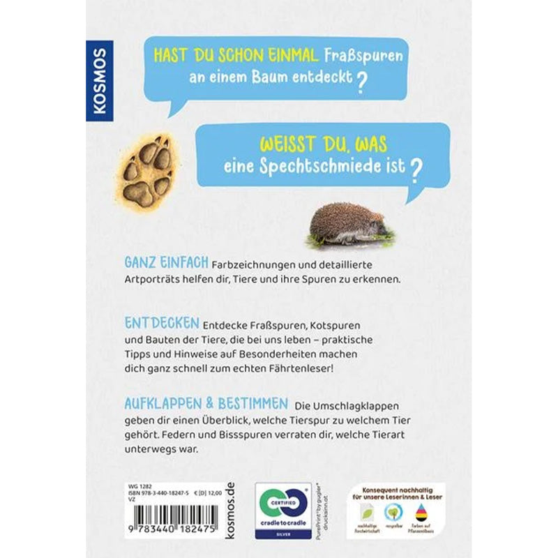 Rückseite des Buches mit Textbeschreibung und Bildern von einer Pfote und einem Igel auf weißem Hintergrund.