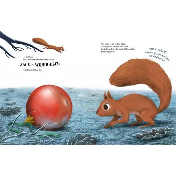 Inhaltsseite aus dem Buch "Wem gehört das Weihnachtsdings" mit großem Eichhörnchen