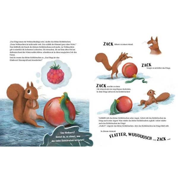 Inhaltsseite aus dem Buch "Wem gehört das Weihnachtsdings" mi süßen Eichhörnchen Illustrationen