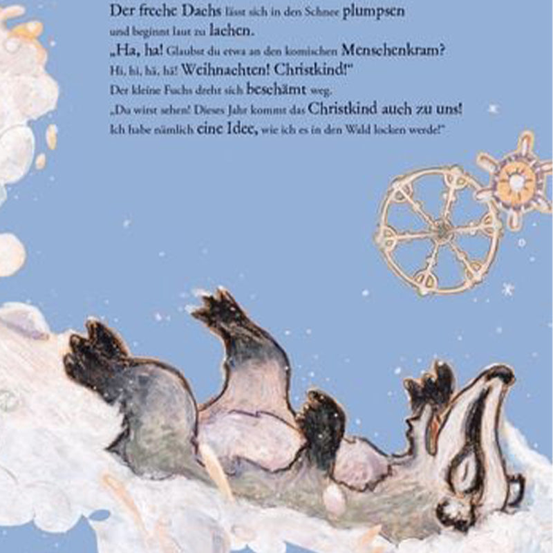 Illustration eines lachenden Dachses, der im Schnee liegt, neben einem Text über das Christkind.