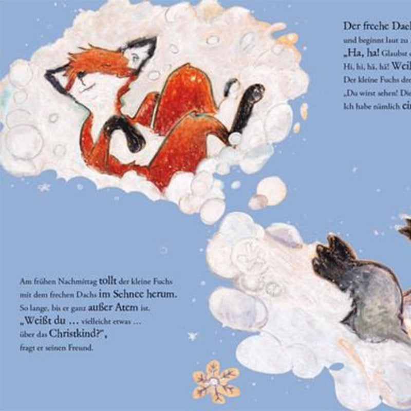 Illustration von Fuchs und Dachs, die gemeinsam im Schnee toben, mit Text über ihre Unterhaltung zum Christkind.