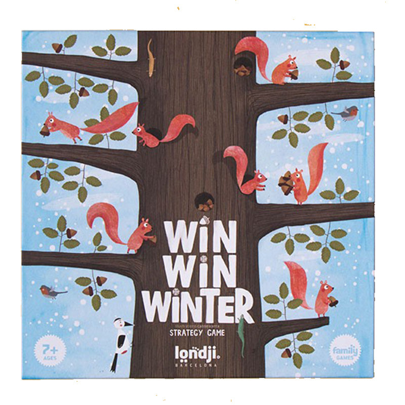 Nahaufnahme der Vorderseite der Spielschachtel „Win Win Winter“ mit großem Baum und Eichhörnchen.