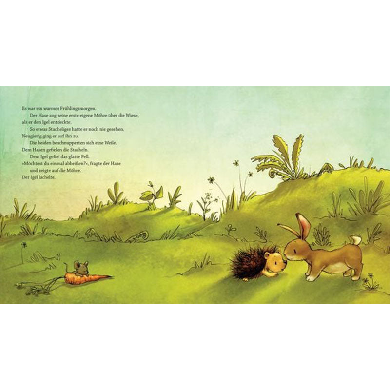 Buchseite: Hase entdeckt den Igel bei einer Möhre und einer Schnecke, beide stehen sich neugierig gegenüber.