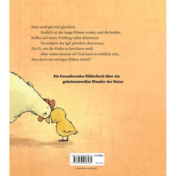 Rückseite des Buches "Wir zwei und das Ei" mit Illustration von Huhn und Kücken