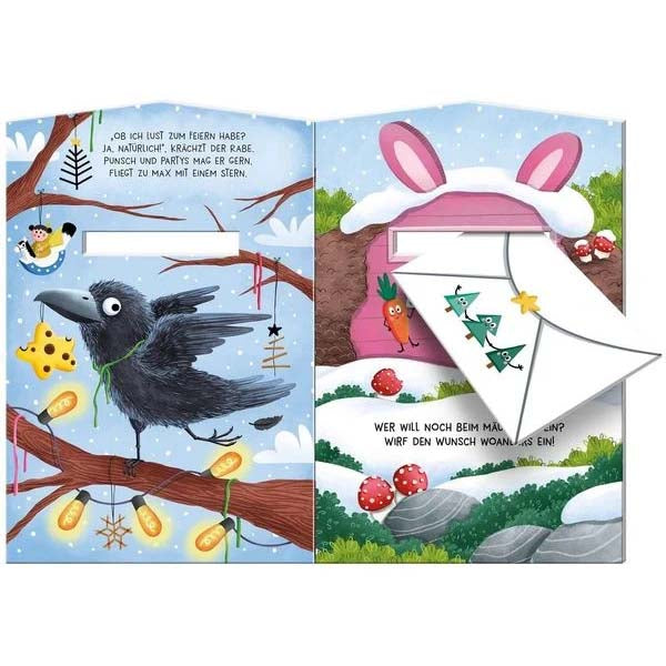 Inhaltsseite aus dem Buch "Wirf den Wunschzettel" mit großem Vogel auf einem Ast