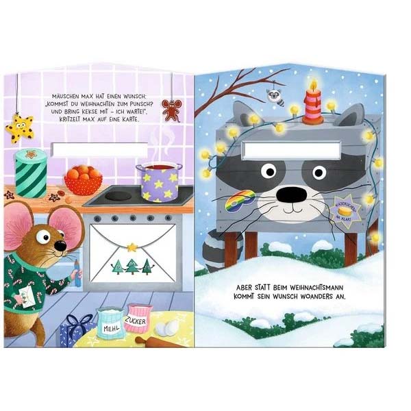 Inhaltsseite aus dem Buch "Wirf den Wunschzettel" mit großem Waschbär und Mäuschen beim Backen