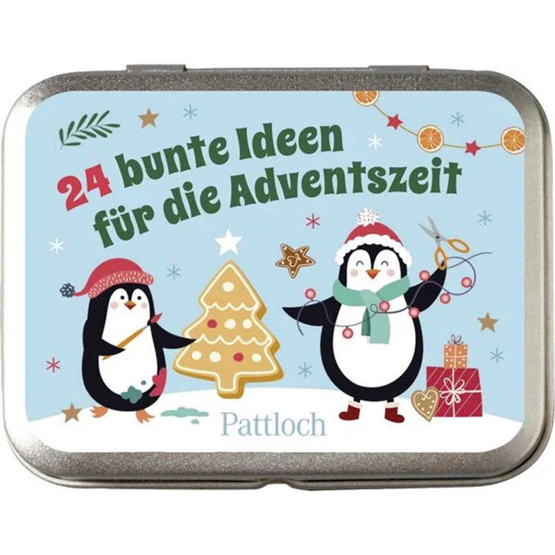 Dose mit Aufdruck „24 bunte Ideen für die Adventszeit“ vom Pattloch Verlag. Zwei fröhliche Pinguine basteln und backen weihnachtlich vor winterlichem Hintergrund.