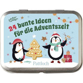 Dose mit Aufdruck „24 bunte Ideen für die Adventszeit“ vom Pattloch Verlag. Zwei fröhliche Pinguine basteln und backen weihnachtlich vor winterlichem Hintergrund.