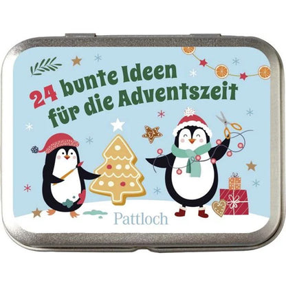 Dose mit Aufdruck „24 bunte Ideen für die Adventszeit“ vom Pattloch Verlag. Zwei fröhliche Pinguine basteln und backen weihnachtlich vor winterlichem Hintergrund.