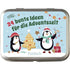 Dose mit Aufdruck „24 bunte Ideen für die Adventszeit“ vom Pattloch Verlag. Zwei fröhliche Pinguine basteln und backen weihnachtlich vor winterlichem Hintergrund.