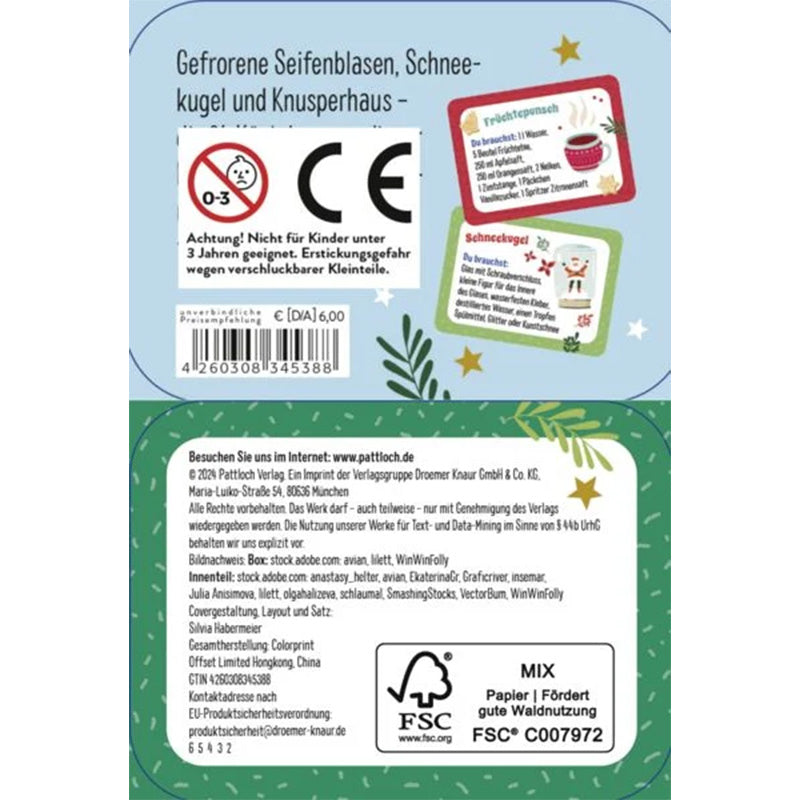 Rückseite der Dose mit CE-Kennzeichen, Herstellerinfos und Beispielen wie „Gefrorene Seifenblasen“, „Schneekugel“ und „Knusperhaus“.